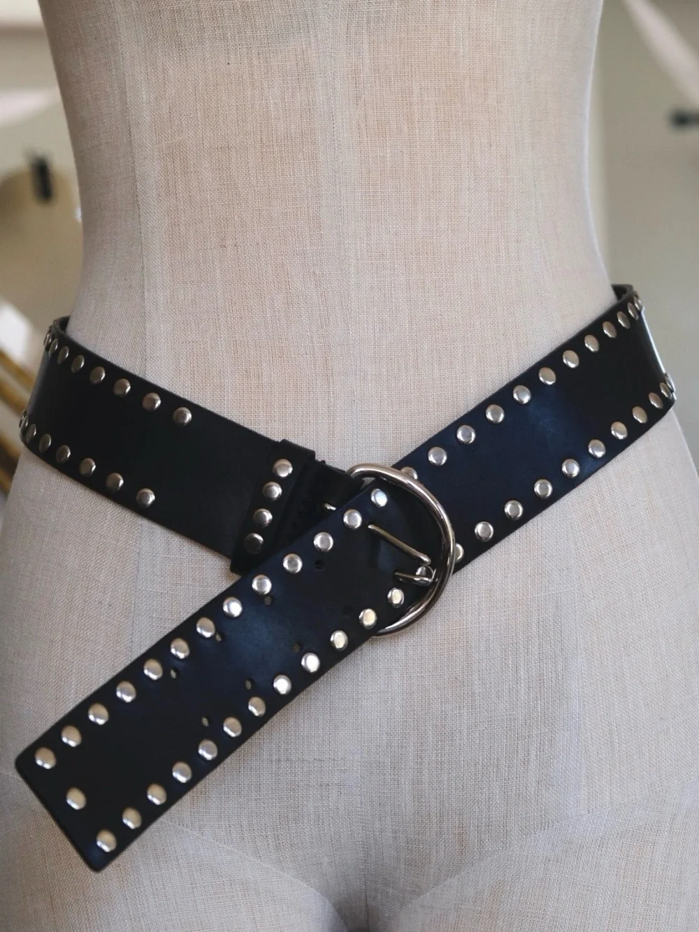 genuine leather black studded belt